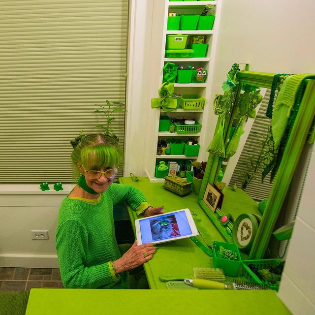 An Elderly Lady Dyes Her Hair Green and Wears Green Clothes Only