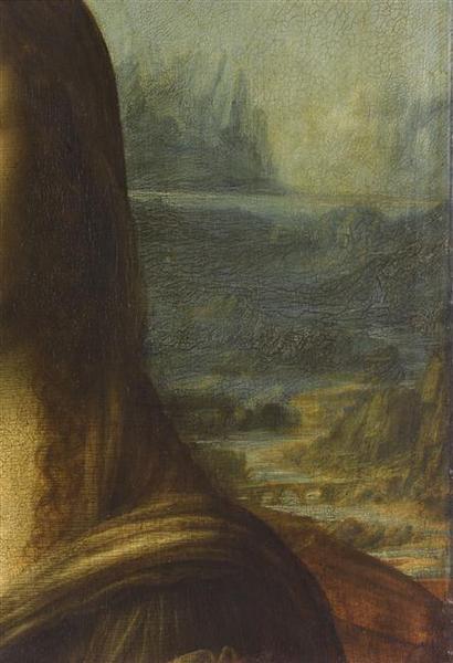 Detail of Leonardo da Vinci's Mona Lisa. Over her left shoulder is the depiction of what Vincenti claims to be the Romito Bridge.